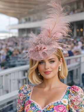 Kentucky Derby Hat Elegant pink Fascinator Floral Feather Accent Tea Party